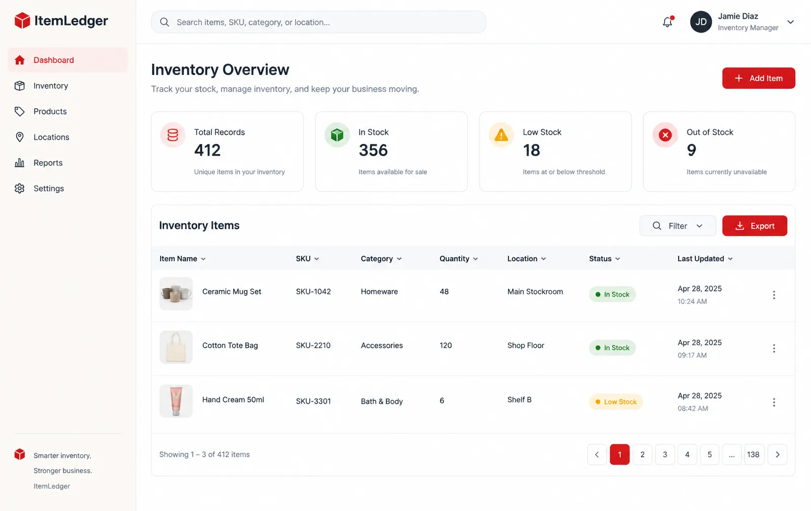 ItemLedger inventory overview showing an item table with quantities, categories, locations and In Stock, Low Stock and Out of Stock statuses