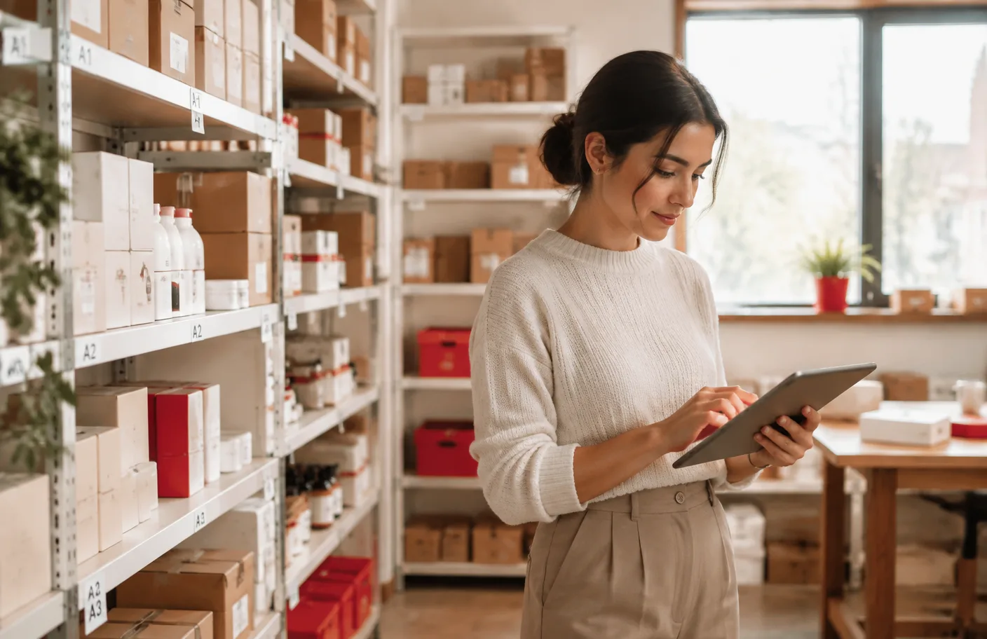 Small-business owner reviewing inventory on a tablet beside neatly labelled stockroom shelves