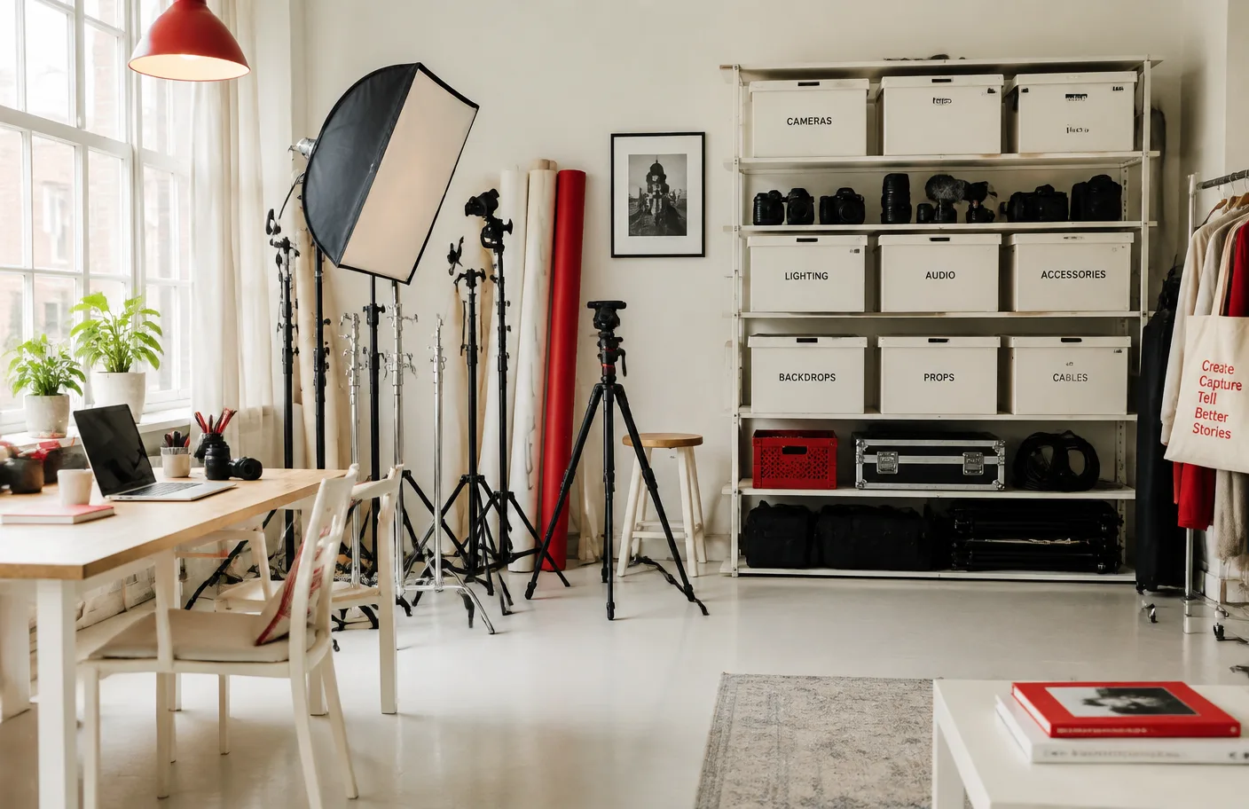 Creative studio with camera equipment and labelled storage boxes organised on shelves